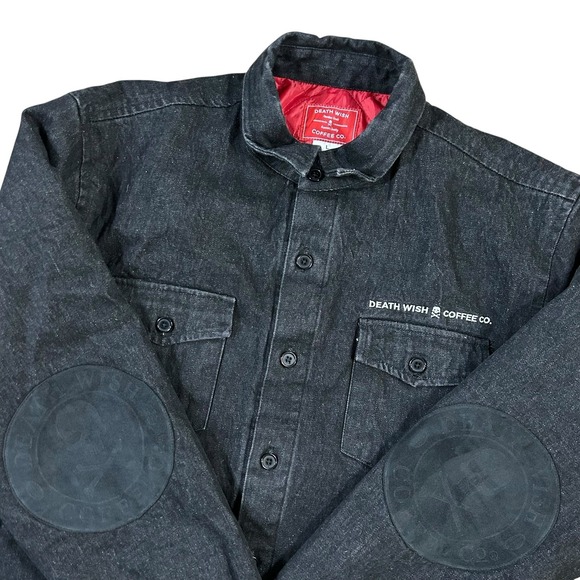 Death Wish Coffee Co. Black Denim Work Jacket Mens Large Logo Patch‎ Workwear